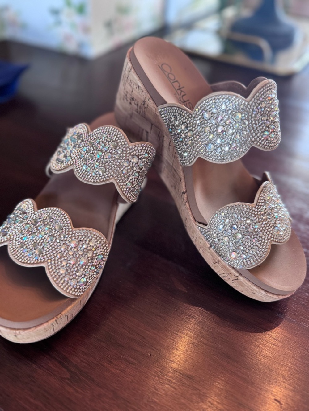 Corkys Blush Crystal Embellished Cork Wedge Sandals